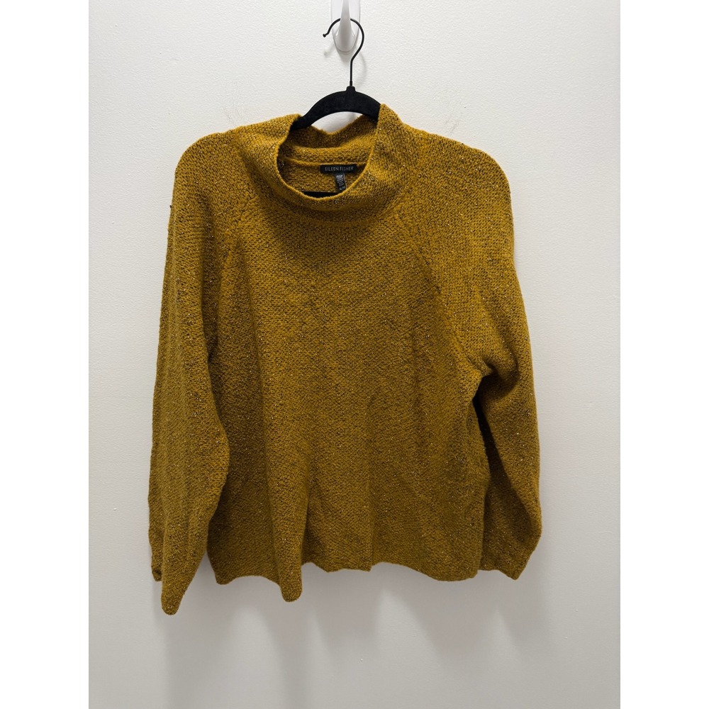 Eileen Fisher Mustard Yellow Organic Cotton Mock Neck Sweater XL F18AEH